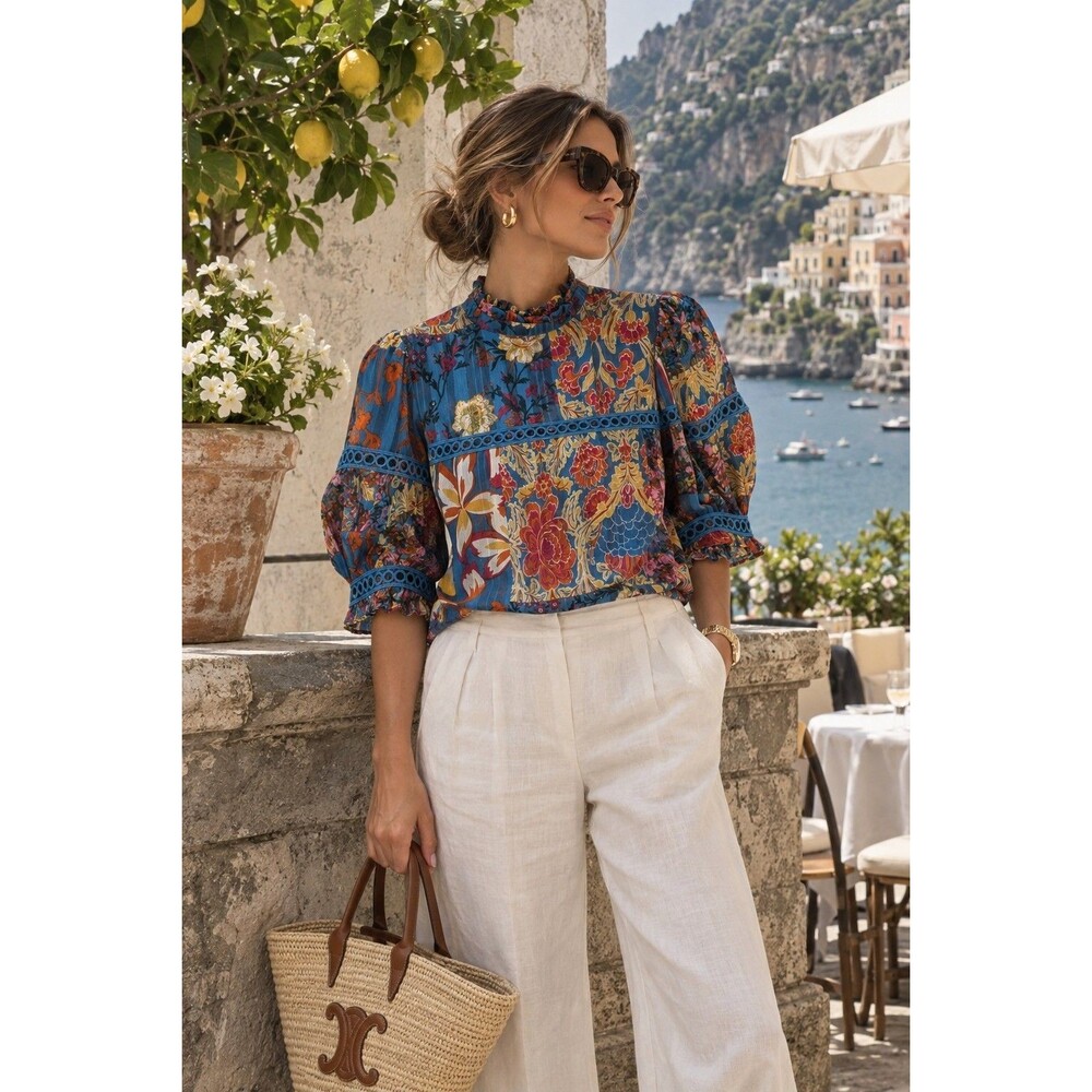 Stellah Eyelet Lace Colorful Blouse Puff Sleeve Mediterranean Vacation Sz XS